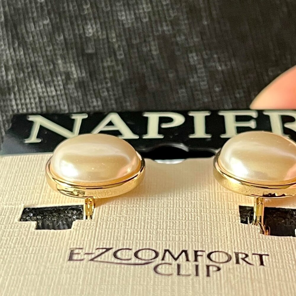 Napier TJG Golden Tone Faux Pearl Clip-on Earrings - Picture 4 of 9